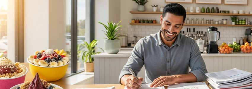 Acai bowl business owner working at a health food shop counter