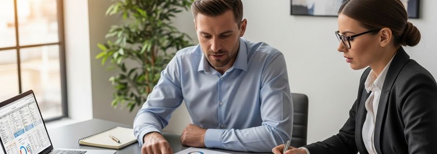 Small business owner and accountant reviewing financial reports together
