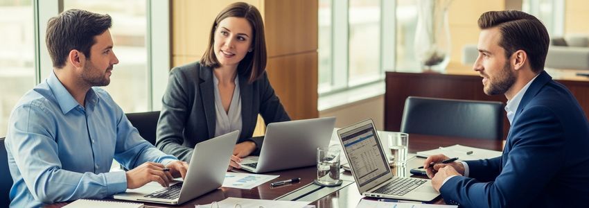Accounting franchise professionals reviewing financing documents in a modern office