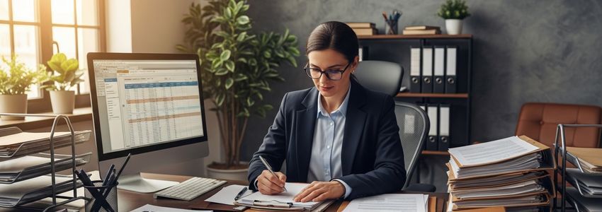 business owner reviewing accounting records at desk
