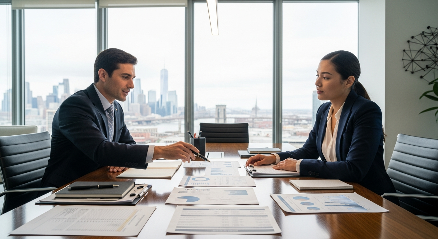 Business owner reviewing accounts receivable invoices at a modern office desk