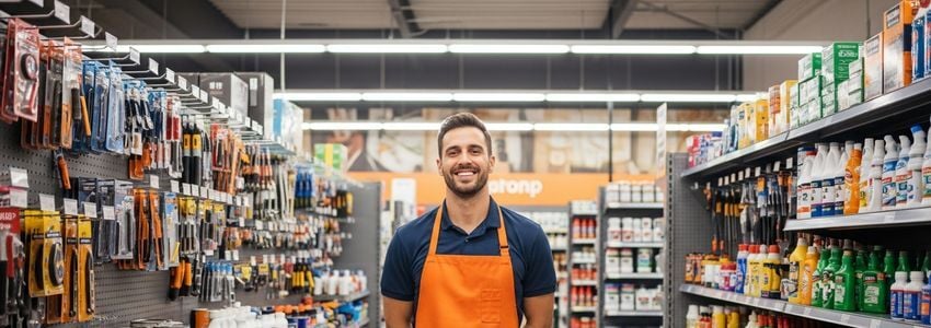 Hardware store owner reviewing franchise financing documents in a professional retail environment