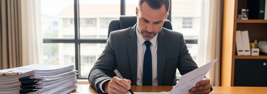 Business professional reviewing acquisition loan documents