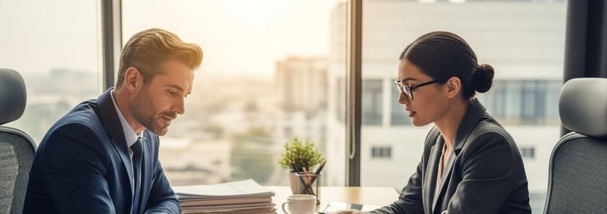 Business buyer and financial advisor reviewing acquisition loan documents at a modern office desk
