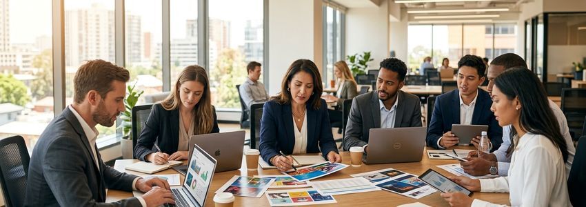 Marketing agency professionals reviewing advertising campaign documents and financing options at a modern conference table