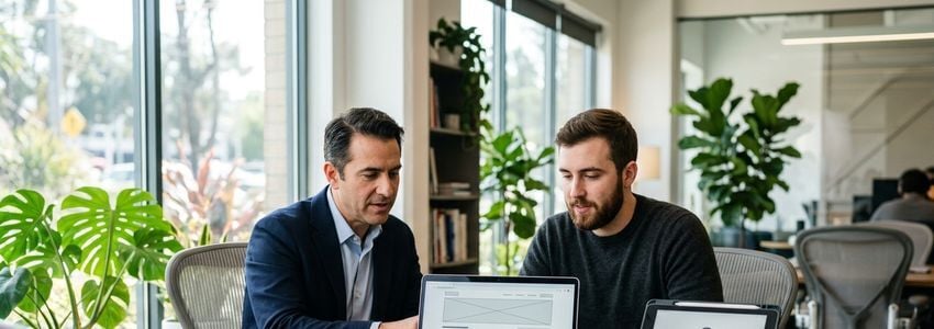 Small business owner reviewing website compliance documents with an attorney in a modern office
