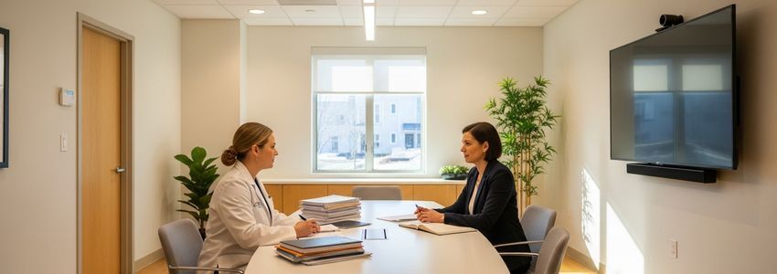 Addiction treatment center administrator reviewing financing documents at a modern behavioral health facility