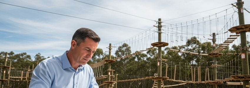 Adventure park business owner reviewing financing options with an outdoor ropes course in the background