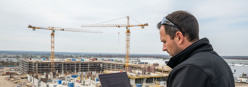 Professional drone photographer reviewing aerial footage at a commercial construction site