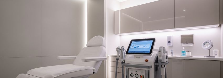 Professional aesthetician using laser equipment in a modern medical spa treatment room