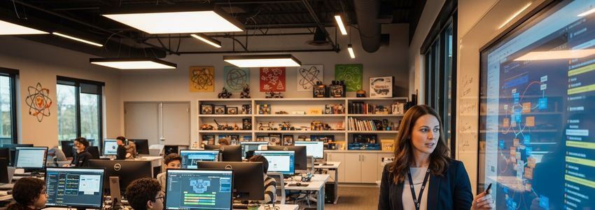 After-school program financing - educator and students in modern learning center