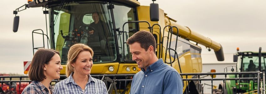 Farm equipment dealer showing combine harvester financing options to farmers