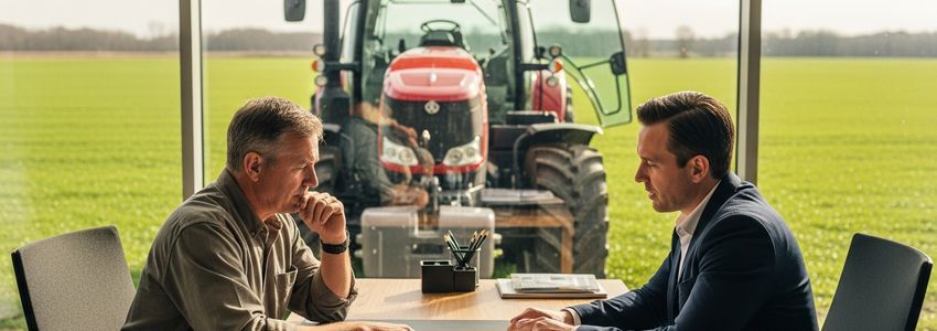 Agricultural equipment financing specialist reviewing loan documents with a farmer in a modern agricultural office