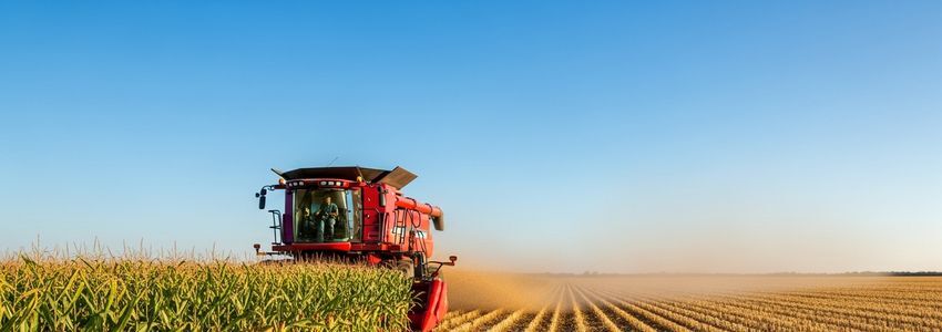 Red combine harvester cutting through corn field - agricultural equipment leasing in action