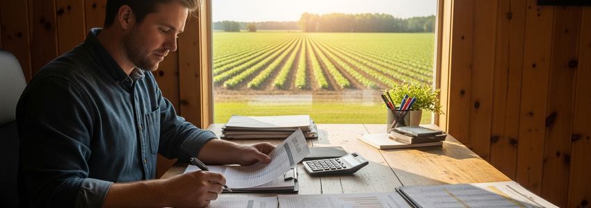 Agricultural business owner reviewing farm financing documents at a field office with tractors visible in the background
