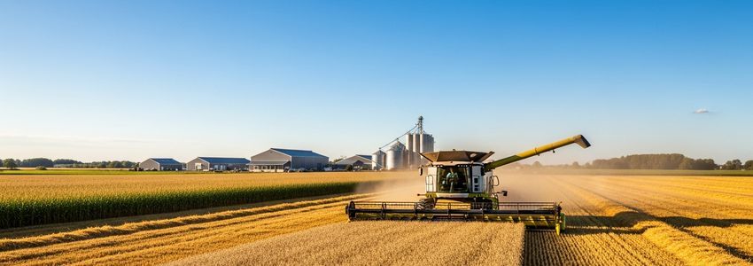 Modern combine harvester working through golden wheat fields at harvest time