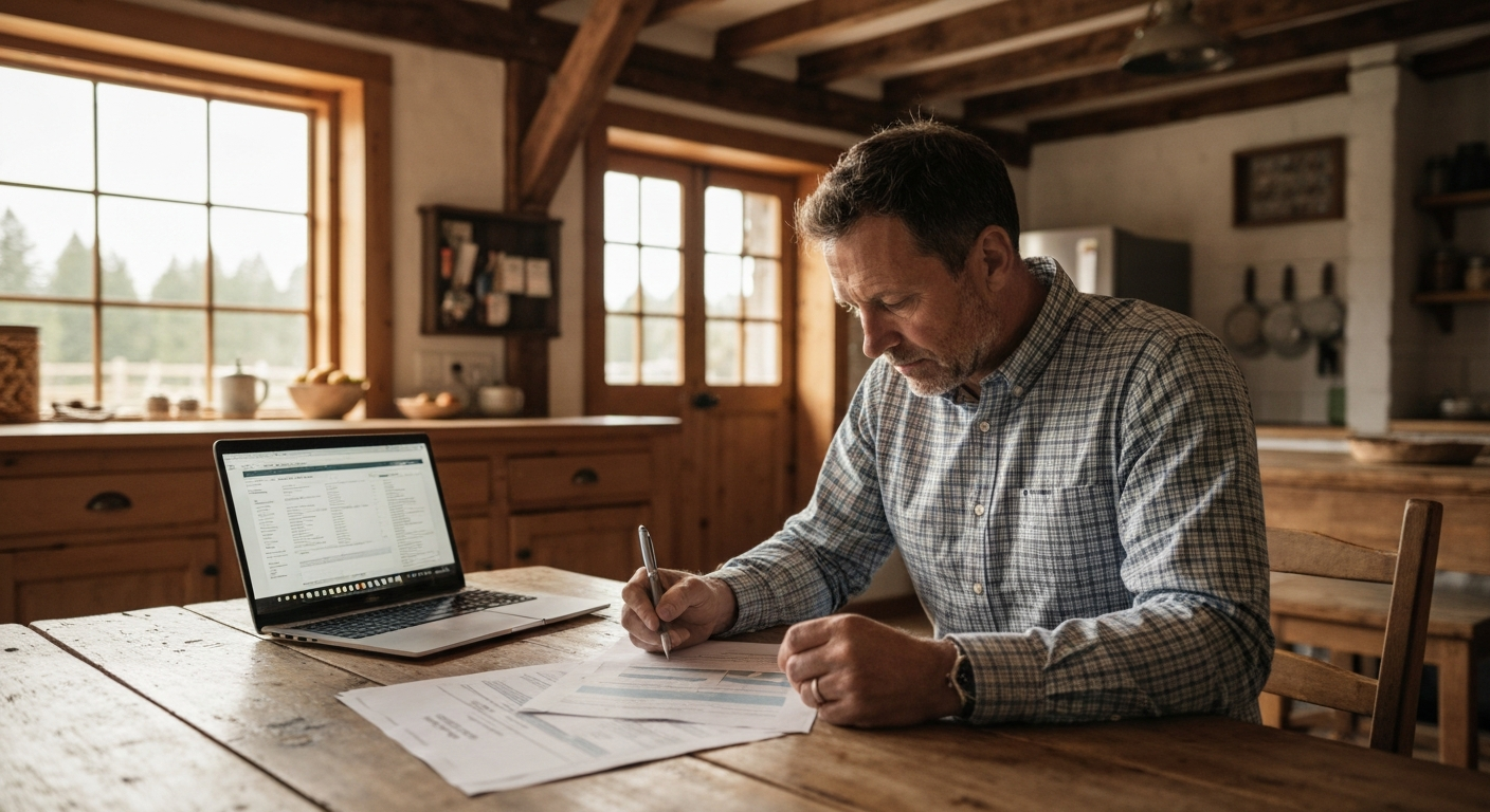 Farm owner reviewing agricultural loan documents at a farmhouse kitchen table with a laptop open to financial information