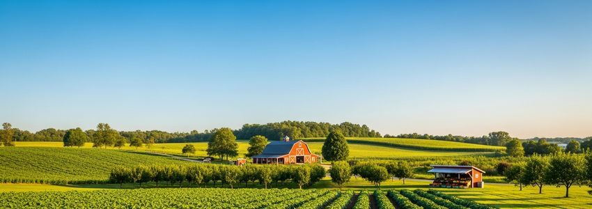 Scenic agritourism farm property with red barn and crop fields for agritourism business loans