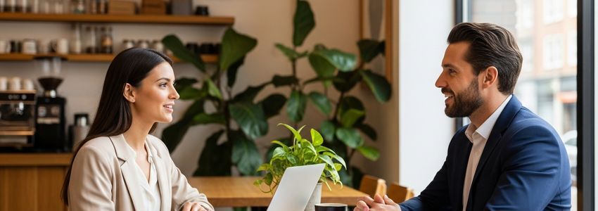 Small business owner consulting with a financial advisor about AI-powered loan processing options