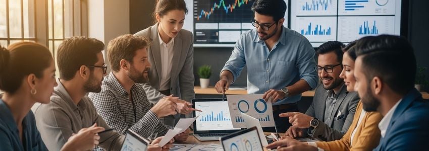 Diverse group of small business owners reviewing AI-generated loan analysis with a financial advisor at a conference table
