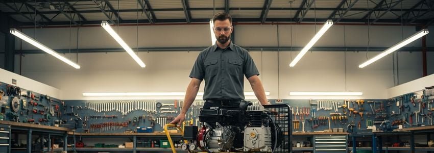 Business professional reviewing air compressor financing options and equipment documents