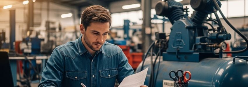 Business owner reviewing air compressor financing documents with industrial equipment in background