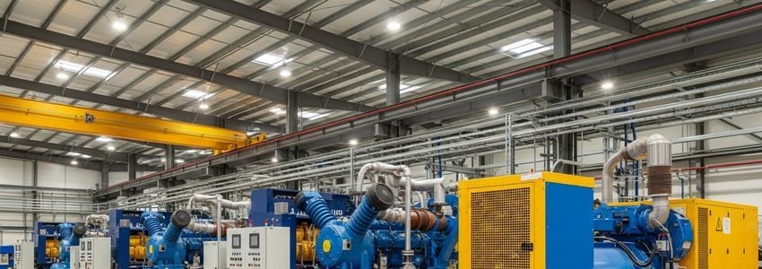 Industrial air compressors and generators in a modern manufacturing facility available for lease financing