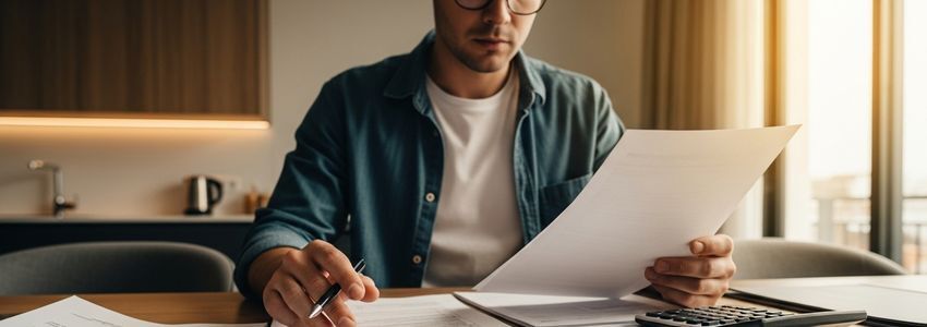 Airbnb host reviewing financing documents and laptop at a modern home workspace with rental property in the background
