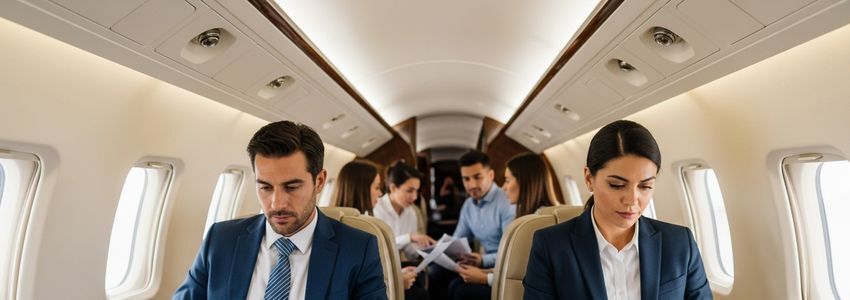 Business professionals reviewing aircraft financing documents inside a corporate jet