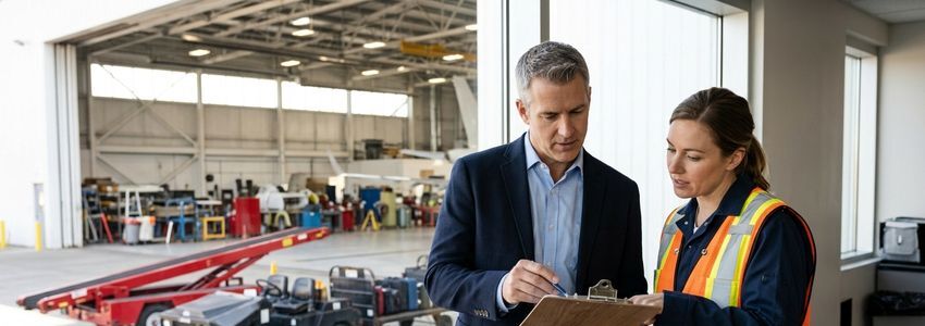 A business owner and ground support equipment technician reviewing financing paperwork inside an aviation hangar with a tug and belt loader in the background