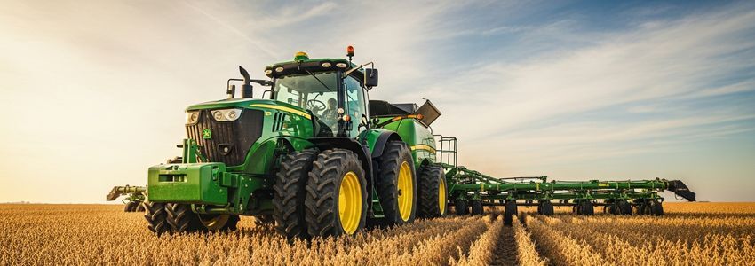 Alabama farmer reviewing equipment financing options with a combine harvester in the background