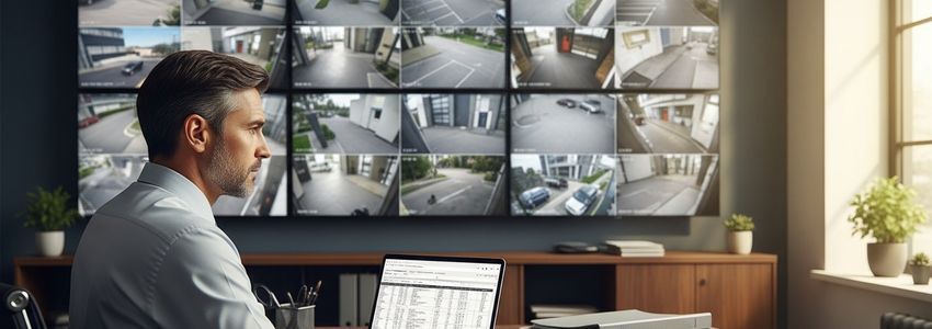 Security business owner reviewing alarm company monitoring contracts and financial reports