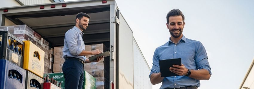 Alcohol distributor reviewing delivery inventory with delivery truck at commercial warehouse dock