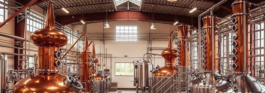 Interior of a craft distillery with copper pot stills representing the capital-intensive nature of alcohol and tobacco business operations