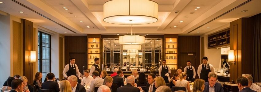 Restaurant dining room in Northern Virginia showing diners enjoying meals in a modern, well-lit restaurant setting