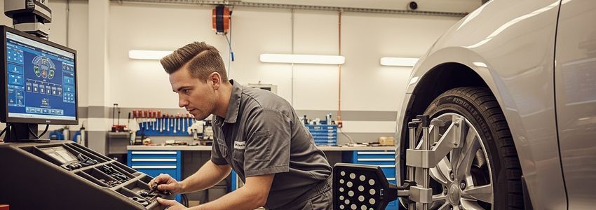 Automotive mechanic using computerized wheel alignment equipment in a professional auto repair shop