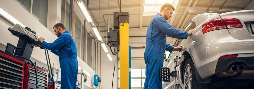 Two automotive technicians inspecting wheel alignment equipment in a professional auto shop