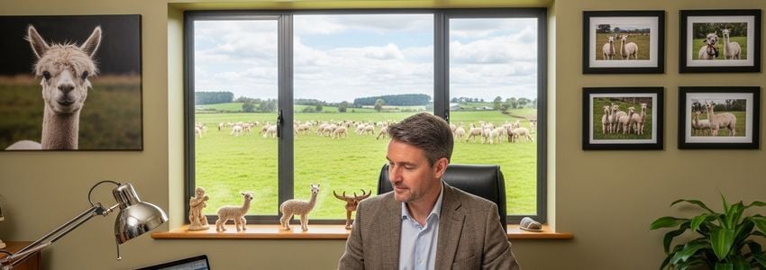 Alpaca farm owner reviewing loan documents at a professional agricultural office desk with business documents and laptop