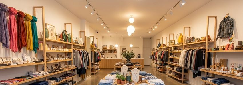 Well-organized independent retail boutique interior showcasing merchandise display shelves and warm store ambiance