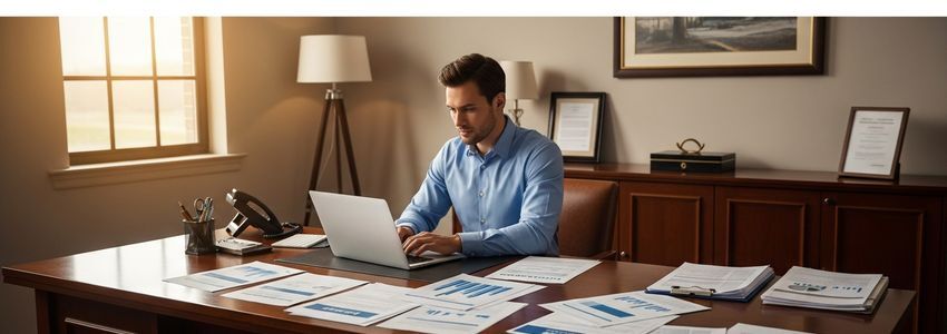 Business owner reviewing alternative funding options at desk with financial documents and laptop