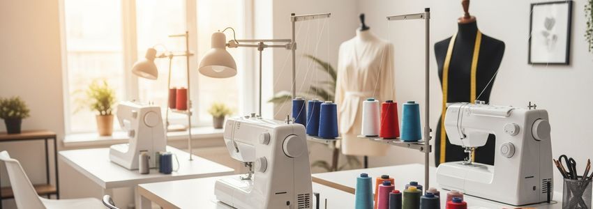 Professional tailor shop with sewing supplies and machines ready for alterations work