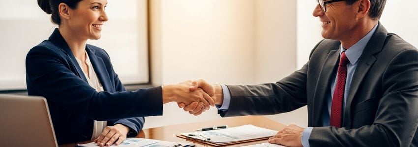 Small business owner shaking hands with lender, signing loan agreement in professional office setting