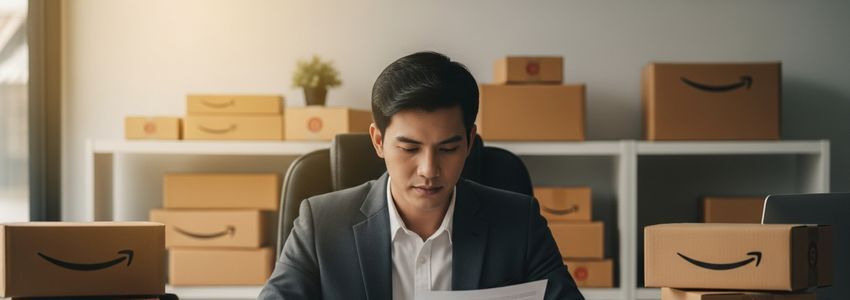 Amazon FBA seller reviewing business loan documents in a professional office setting