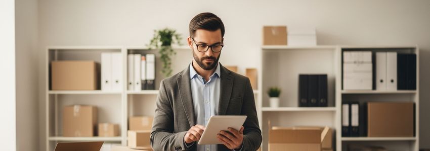 Amazon e-commerce seller managing inventory and business financing at a professional fulfillment workspace