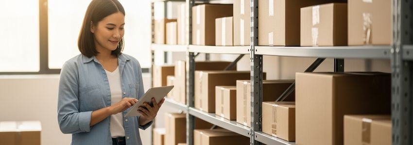 Amazon FBA seller managing warehouse inventory with tablet device, surrounded by product boxes ready for fulfillment