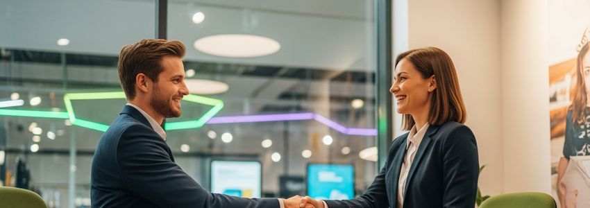 Business professionals reviewing equipment financing options for ambient experience installations in a modern commercial setting