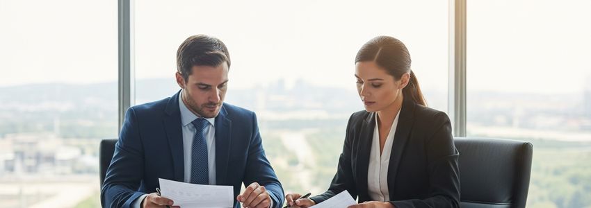 Business professionals reviewing ambulance financing documents in a professional office setting