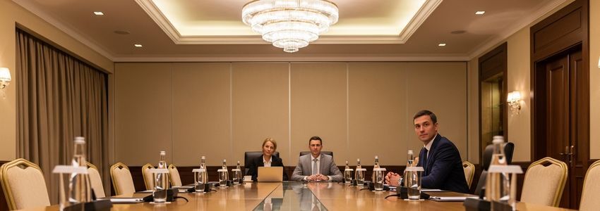Hotel franchise owner reviewing financing documents in a hotel conference room