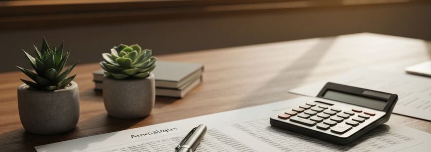 Business owner reviewing loan amortization schedule at desk with calculator and financial documents