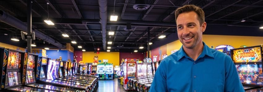 Amusement route business owner reviewing financing options in an arcade venue
